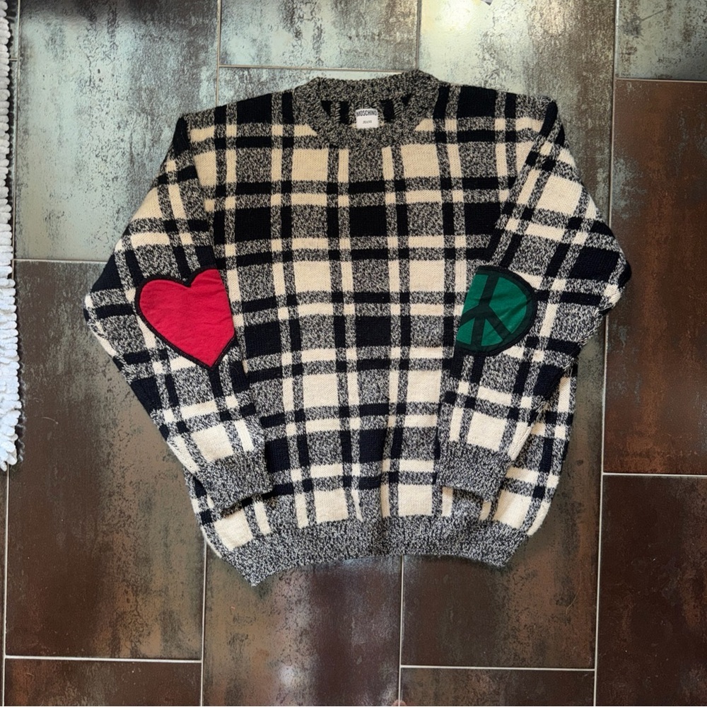 Moschino Black & Cream Plaid Crewneck with Heart and Peace Elbow Patches